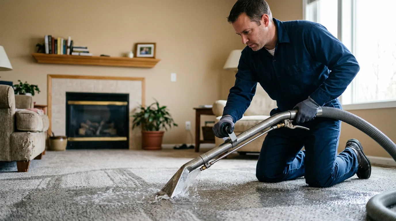 Water damage restoration technician working near Dedham, MA